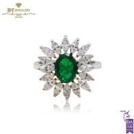 White Gold Oval Cut Emerald & Marquise Cut Diamond Floral Shape Ring - 2.83ct
