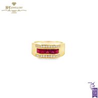 Men’s Yellow Gold Block Design Ring with Diamond & Princess-Cut Ruby - 1.44ct