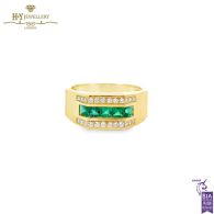 Men’s Yellow Gold Block Design Ring with Diamond & Princess-Cut Emerald - 1.47ct