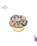 Yellow Gold Brilliant Cut Ruby & Diamond Flower Shape Ring - 4.40ct