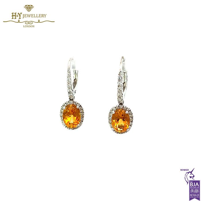White Gold Oval Cut Orange Sapphire & Brilliant Cut Diamond Drop Earrings - 2.65ct-17366