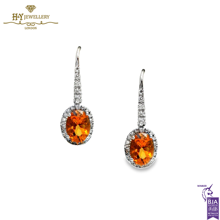 White Gold Oval Cut Orange Sapphire & Brilliant Cut Diamond Drop Earrings - 2.65ct-0