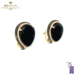 Rose Gold Pear Cut Black Onyx & Brilliant Cut Diamond Large Stud Earrings - 34.20ct-17364