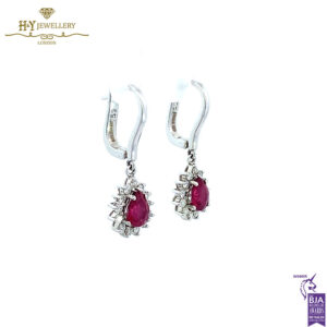 White Gold Pear Cut Ruby & Brilliant Cut Diamond Drop Earrings -2.59ct-17634