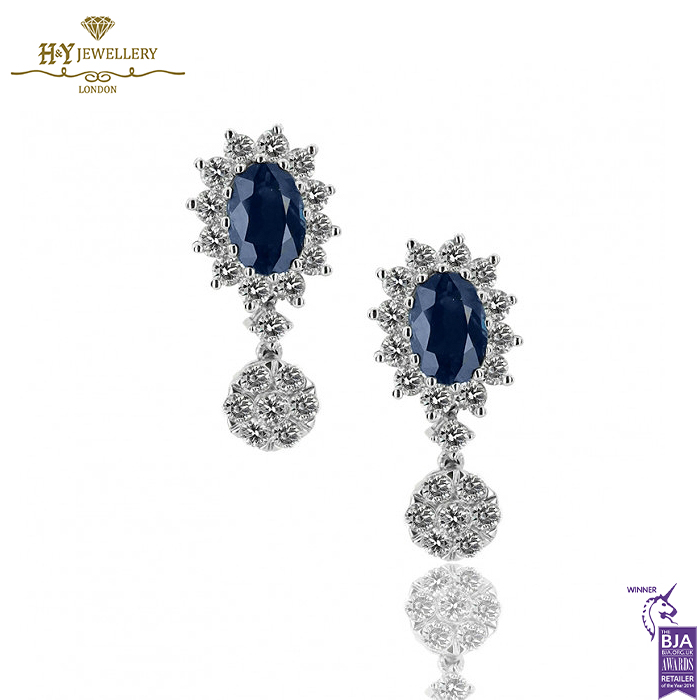 White Gold Oval Cut Royal Blue Sapphire & Brilliant Cut Diamond Earrings - 1.97ct-0