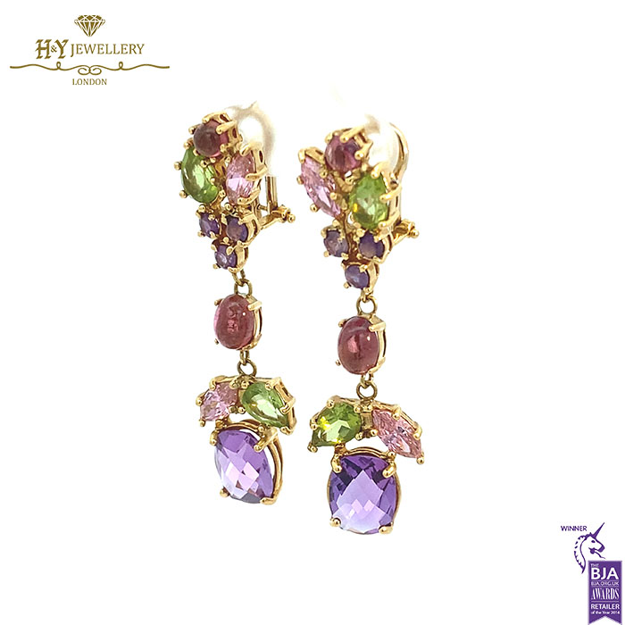 Yellow Gold Mix Cut Amethyst, Topaz, Peridot and Citrine Drop Chandelier Earrings -17255