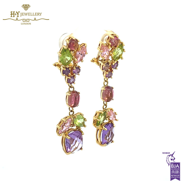 Yellow Gold Mix Cut Amethyst, Topaz, Peridot and Citrine Drop Chandelier Earrings -17256