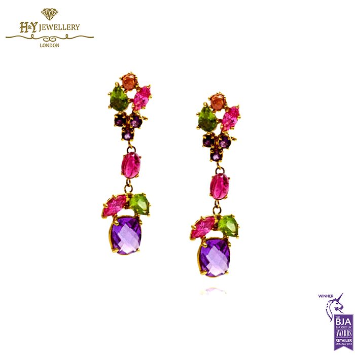 Yellow Gold Mix Cut Amethyst, Topaz, Peridot and Citrine Drop Chandelier Earrings -0
