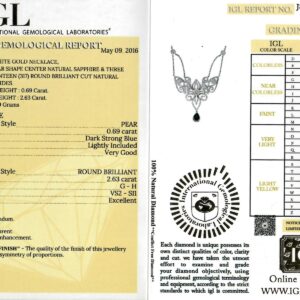 White Gold Pear Cut Blue Sapphire & Brilliant Cut Diamond Filigree Design Necklace - 3.32ct-11776