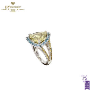 White Gold Trilliant Cut Peridot & Brilliant Cut Aquamarine with Diamond Mauboussin Ring - 15.21ct-17548