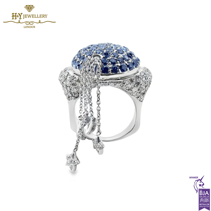 White Gold Brilliant Cut Sapphire & Diamond - Moon and Stars Shape Ring - 8.70ct-0
