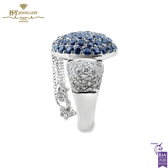 White Gold Brilliant Cut Sapphire & Diamond - Moon and Stars Shape Ring - 8.70ct-14011