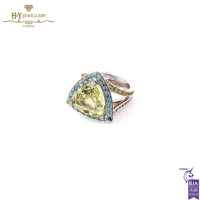 White Gold Trilliant Cut Peridot & Brilliant Cut Aquamarine with Diamond Mauboussin Ring - 15.21ct-17288