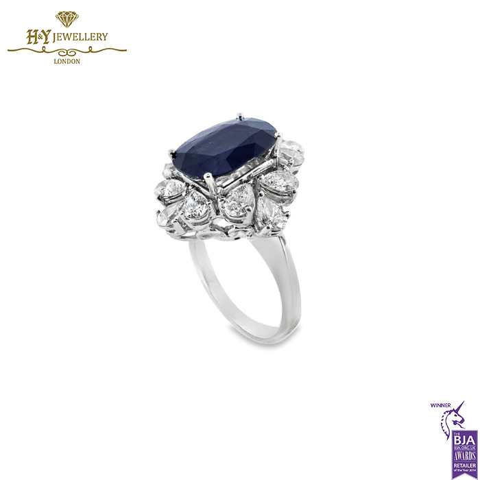 White Gold Oval Cut Deep Blue Sapphire & Pear Cut Diamond Ring - 7.65ct-14184