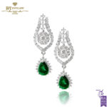 White Gold Pear Cut Emerald & Brilliant Cut Diamond Drop Earrings - 2.35ct-0