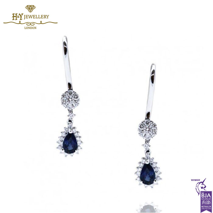 White Gold Pear Cut Royal Blue Sapphire & Brilliant Cut Diamond Earrings - 1.41ct-0