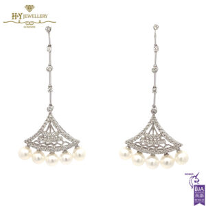 White Gold Pearl & Brilliant Cut Diamond Art Deco Earrings - 0.65ct-17257