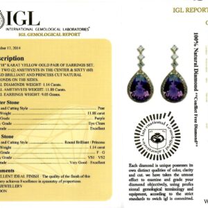 Yellow Gold Pear Cut Amethyst & Brilliant Cut Diamond Drop Earrings - 13.02ct-11764