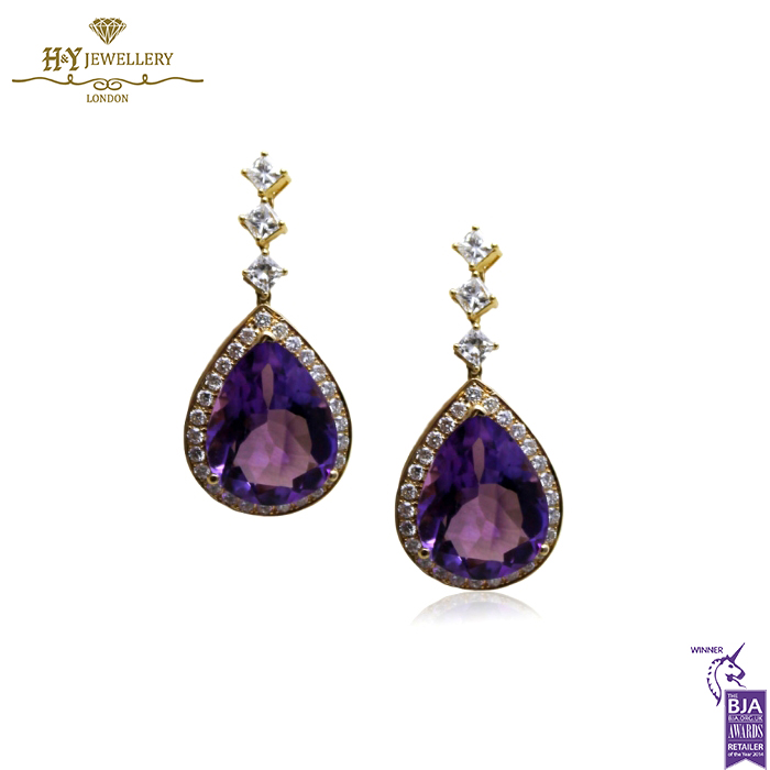 Yellow Gold Pear Cut Amethyst & Brilliant Cut Diamond Drop Earrings - 13.02ct-0