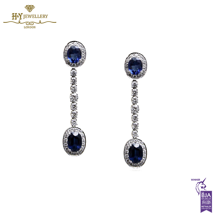 White Gold Oval Cut Sapphire and Brilliant Diamond Drop Earrings - 4.81 ct-0