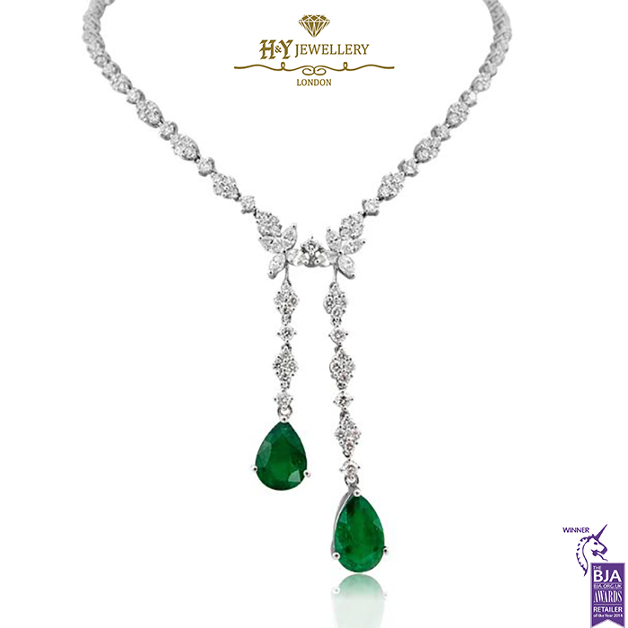 White Gold Pear Cut Emerald & Mix Cut Diamond Classic Sweeping Necklace - 5.94ct-0