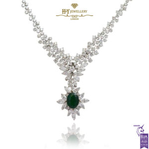 White Gold Oval Cut Emerald & Mix Cut Diamond Necklace - 7.67ct-0