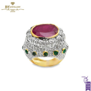 Yellow & White Gold Brilliant Cut Emerald and Diamond & Oval Cut Ruby Ring - 14.74ct-0