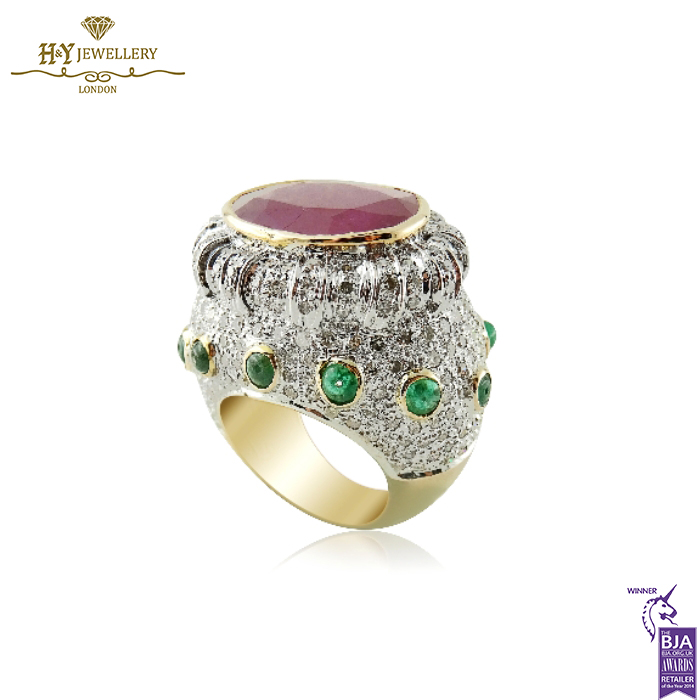 Yellow & White Gold Brilliant Cut Emerald and Diamond & Oval Cut Ruby Ring - 14.74ct-14329