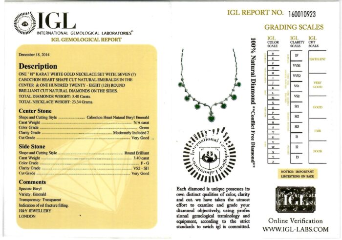 White Gold Heart Cut Emerald & Brilliant Cut Diamond Necklace & Earring Set - 10.42ct-11552