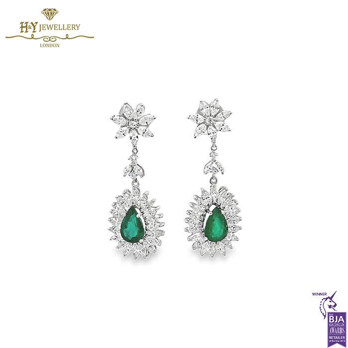 White Gold Pear Cut Emerald with Marquise & Brilliant Cut Diamond Earrings - 5.88ct-17240