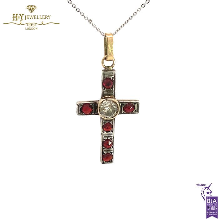 Yellow Gold Brilliant Cut Diamond Garnet Cross Pendant - 2.00ct-17359