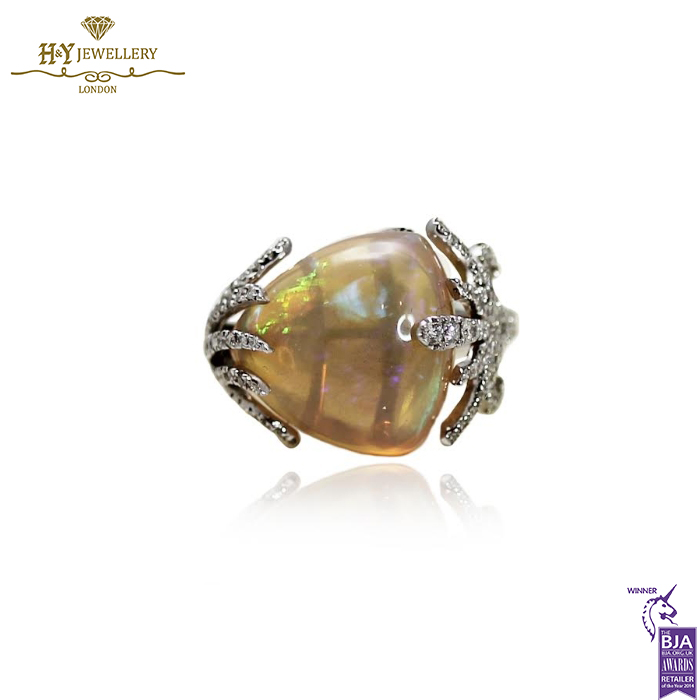 White Gold Trilliant Cut Opal & Brilliant Cut Diamond Ring - 0.62ct-14159