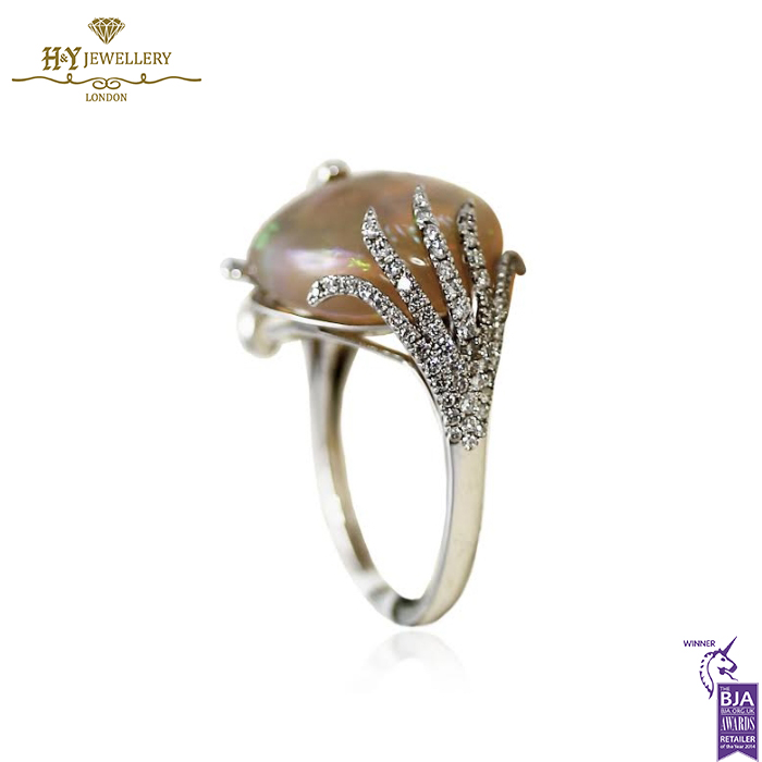 White Gold Trilliant Cut Opal & Brilliant Cut Diamond Ring - 0.62ct-14160