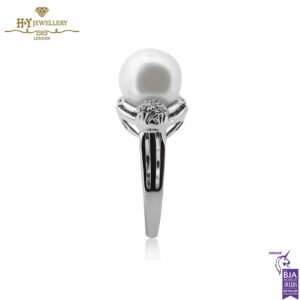 White Gold Pearl & Brilliant Cut Diamond Ring - 0.05ct-14175