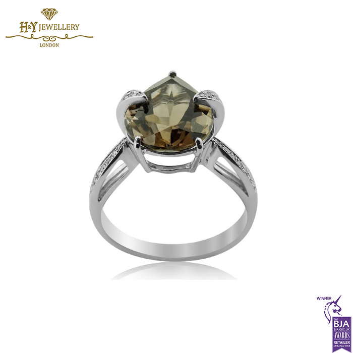 White Gold Pear Cut Smokey Quartz & Brilliant Cut Diamond Ring - 4.10ct-0