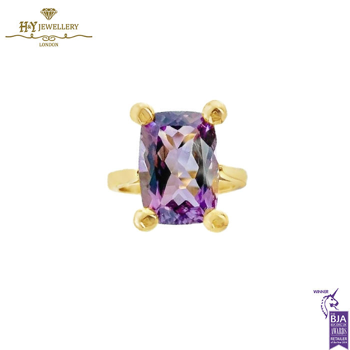 Yellow Gold Emerald Cut Amethyst Ring -0