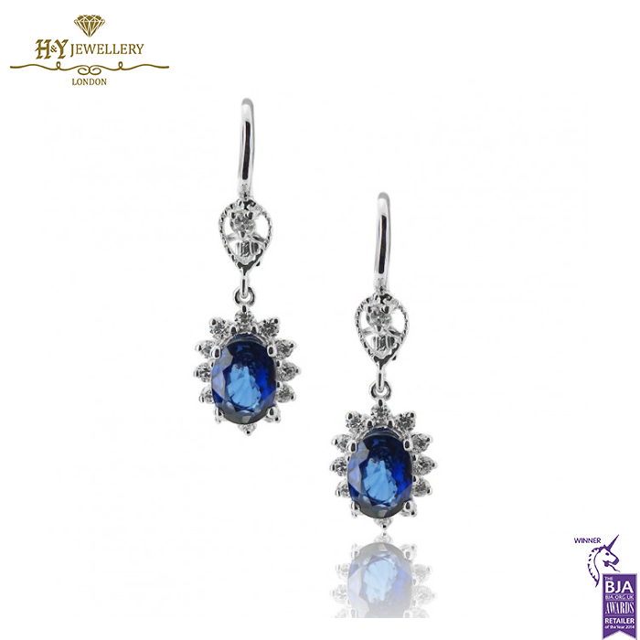 White Gold Oval Cut Royal Blue Sapphire & Brilliant Cut Diamond Earrings - 2.21ct-0
