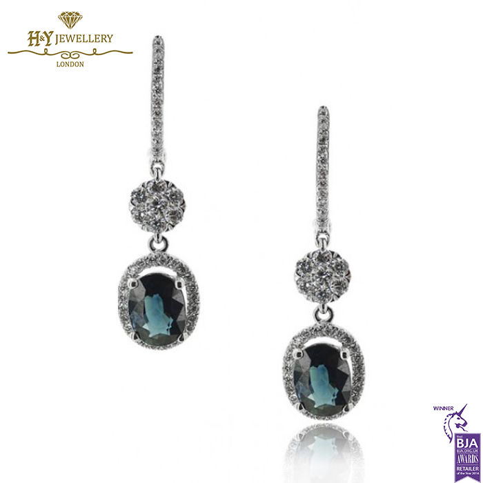 White Gold Oval Cut Sapphire & Brilliant Cut Diamonds Drop Earrings - 2.54ct-0