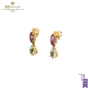 Yellow Gold Marquise Cut Amethyst & Pear Cut Blue Topaz Earrings-17254