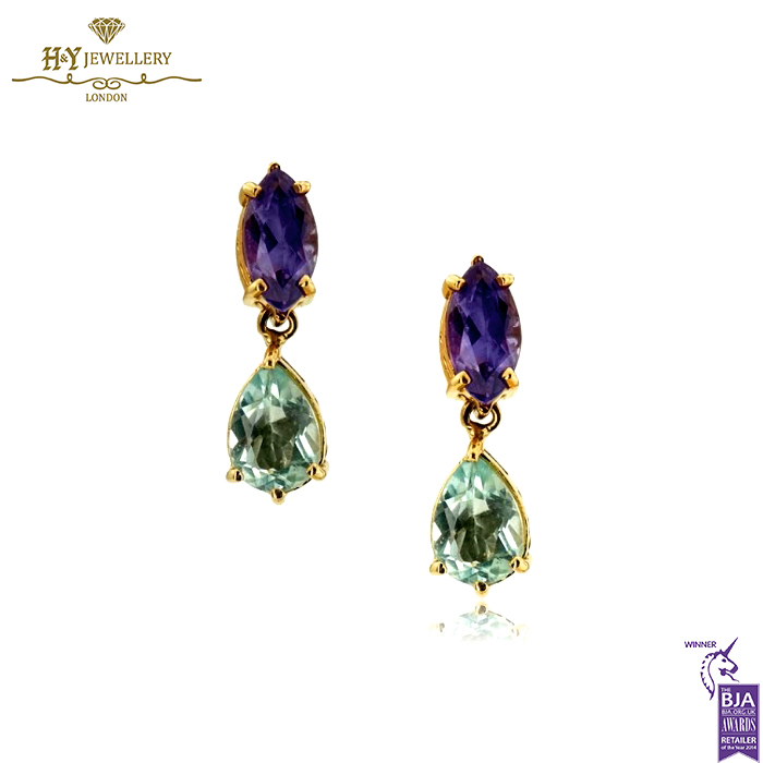 Yellow Gold Marquise Cut Amethyst & Pear Cut Blue Topaz Earrings-0