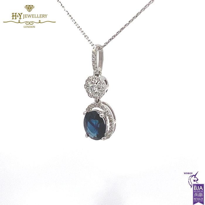 White Gold Oval Cut Sapphire & Brilliant Cut Diamond Pendant - 1.97ct-17271