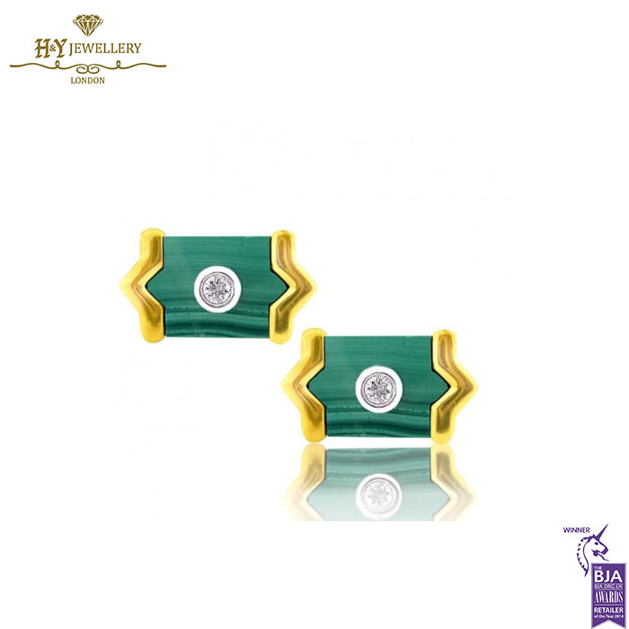 Yellow Gold Malachite Tie Clip & Cufflinks With Brilliant Cut Diamond-0