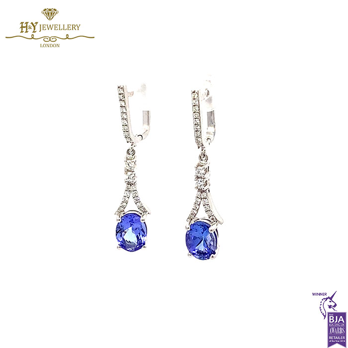 White Gold Oval Cut Tanzanite & Brilliant Cut Diamond Earrings - 4.10ct-17337