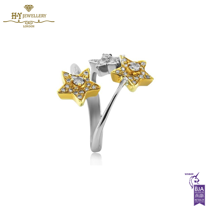 White & Yellow Gold Brilliant Cut Diamond Triple Star Shape Ring - 0.40ct-14114