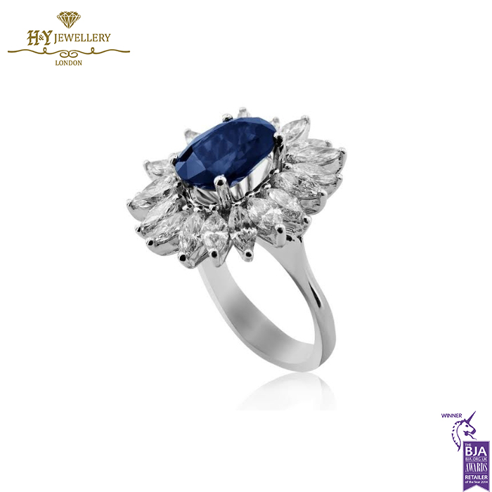 White Gold Oval Cut Sapphire & Marquise Cut Diamond Ring - 5.11ct-14187