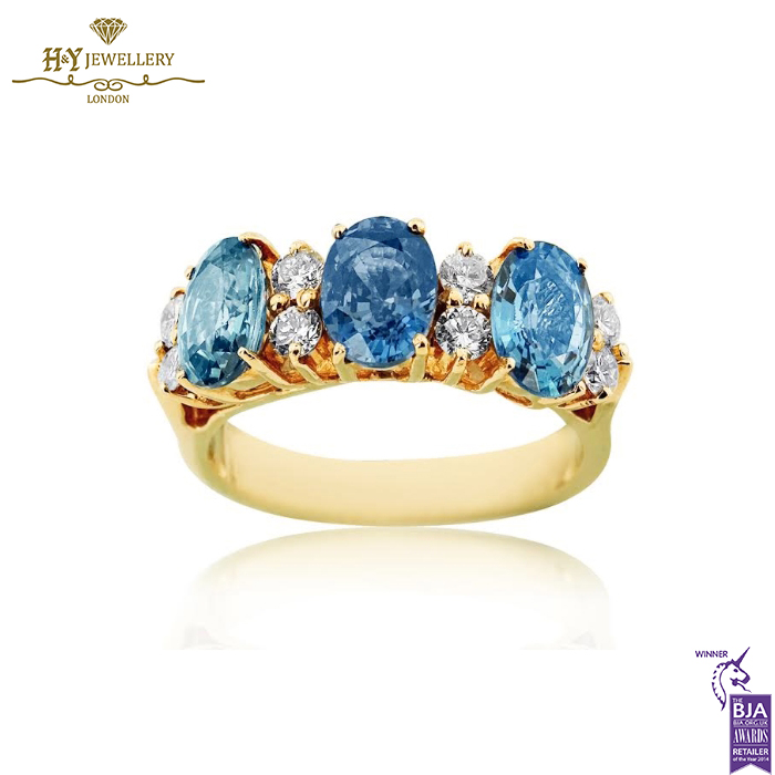 Yellow Gold Trinity Oval Cut Sapphire & Brilliant Cut Diamond Ring - 3.36-0