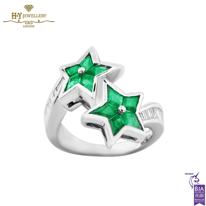 White Gold Lozenge Cut Emerald & Baguette Cut Diamond Ring - 1.61ct-0