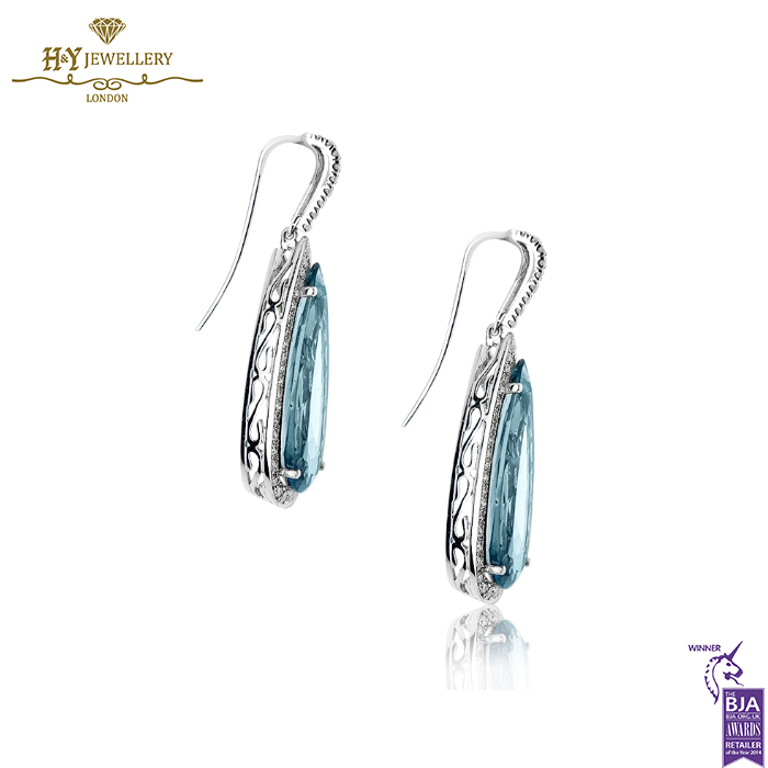 White Gold Pear Cut Blue Topaz & Brilliant Cut Diamond Earring - 15.20ct-14427