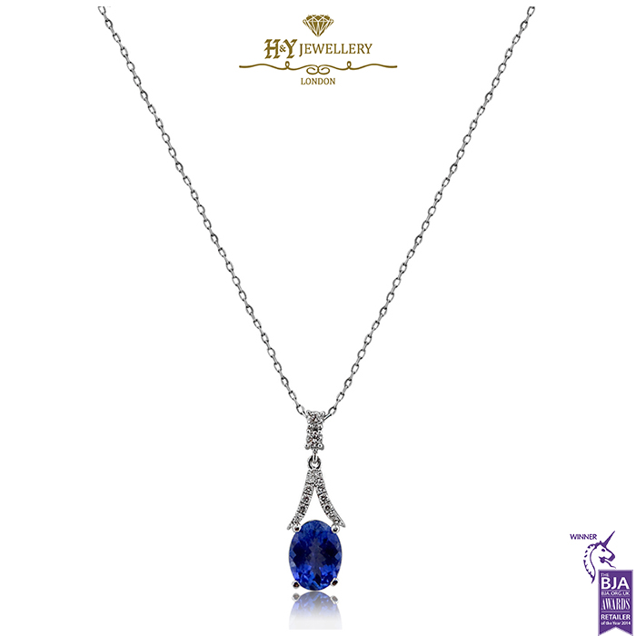 White Gold Oval Cut Tanzanite & Brilliant Cut Diamond Necklace - 2.09ct-0