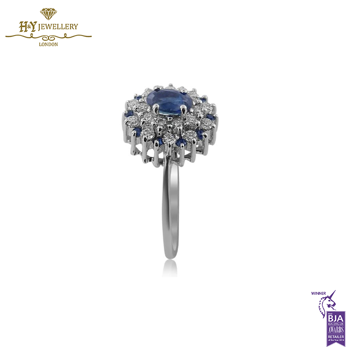 White Gold Oval & Round Brilliant Cut Sapphire with Brilliant Diamond Cut Ring - 0.77ct-14209